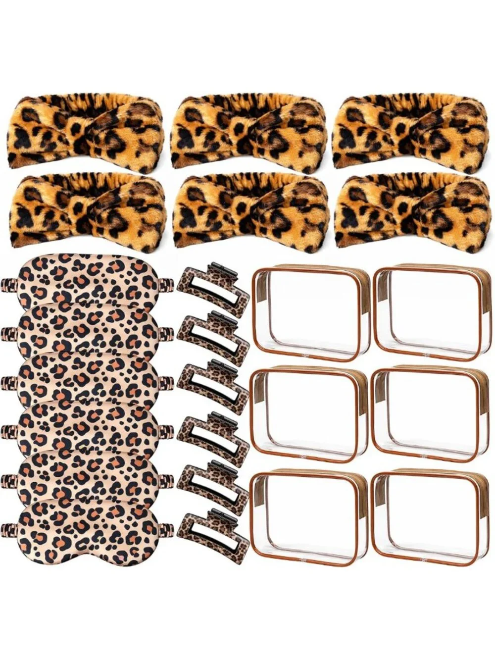 Cheetah Print Party Favors Set - Spa Headbands, Eye Masks, Claw Clips & Bags
